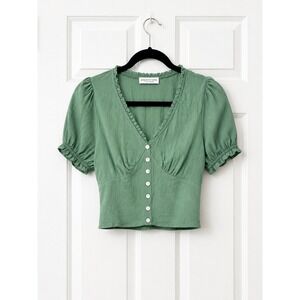 Paper Crane Sage Green Smocked Crop Top Puff Sleeve Button Front Blouse XS